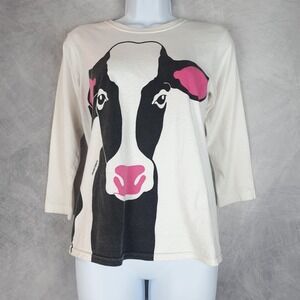 Marushka Shirt Womens Small White Pink Cow Graphic 3/4 Sleeve Art Country